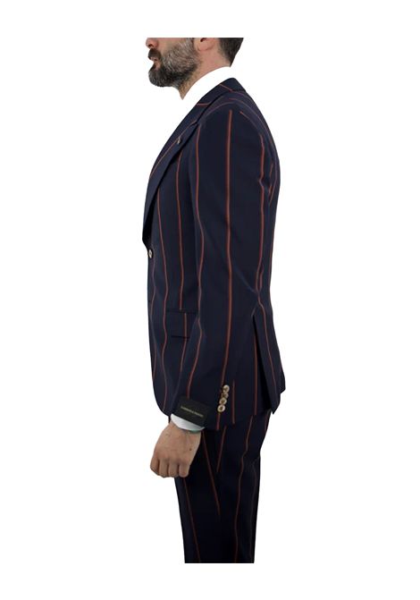 Abito Pasini uomo 54229 4748 Gessato design a righe sottili blu e ruggine monopetto tasche con patta taglio sartoriale PASINI | Abiti | 54229 474801